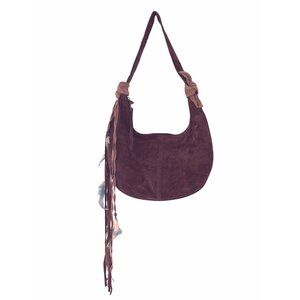Wilsons Leather Maxima Suede Hobo Bag With Feather & Fringe Accents  Boho Chic